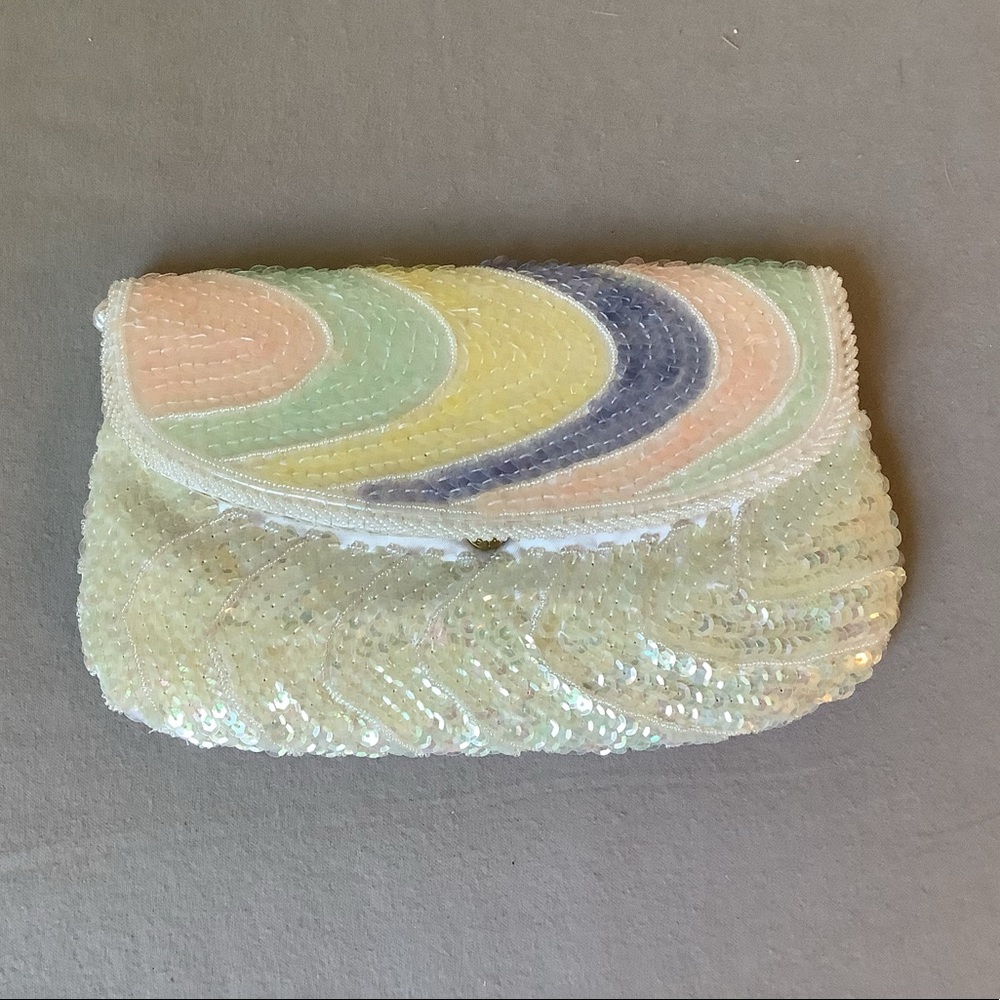 Vintage sequin & beaded purse 9” x 5” with 46” strap.